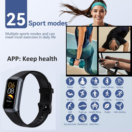 Amoled Health & Fitness Tracker Watch for Men & Women - Slim Design, 25 Sports Modes, Heart Rate & Blood Pressure Monitor, IP68 Waterproof, Step Counter & Calorie Tracker